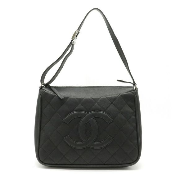 Chanel Matelasse Cocomark Shoulder Bag Shawl Leather Black Silver - Picture 1 of 5